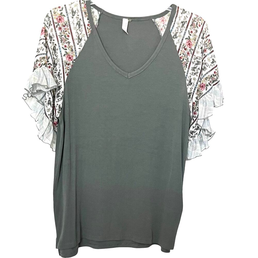 L LOVE SHORT SLV PULL-OVER V-NECK BLOUSE, WOMENS, L, GREEN W/PINK YELLOW FLORAL